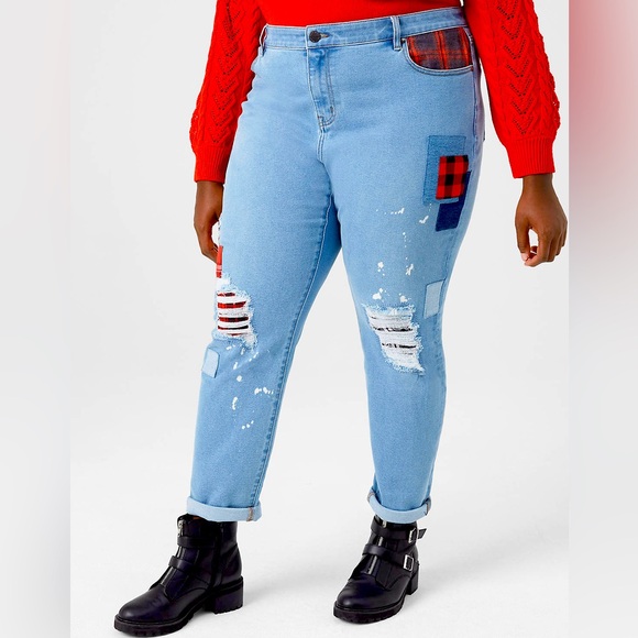LANE BRYANT Signature Fit Boyfriend Jean- Light Wash with Patchwork, Size 22 - Picture 1 of 13